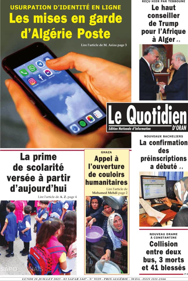 Capa jornal Le Quotidien D’Oran 2025-07-28