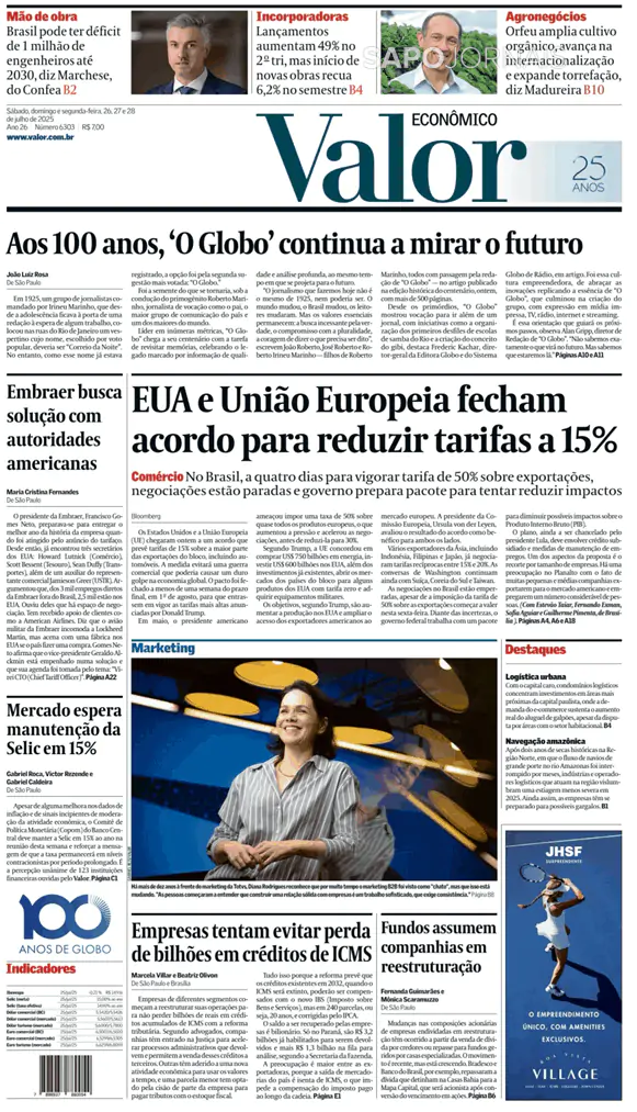 Capa jornal Valor Econômico 2025-07-28