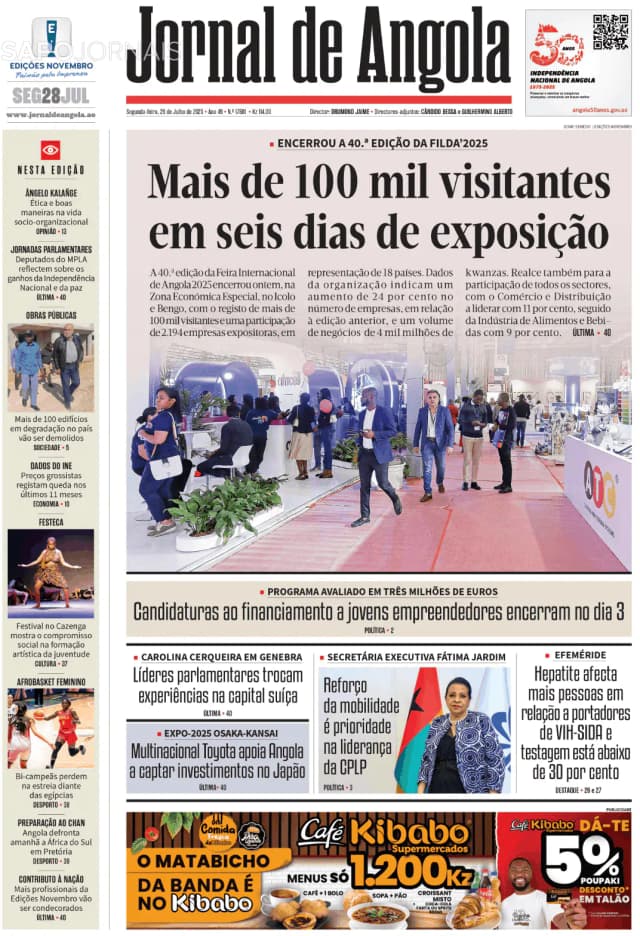 Capa jornal Jornal de Angola 2025-07-28
