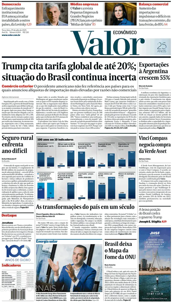 Capa jornal Valor Econômico 2025-07-29