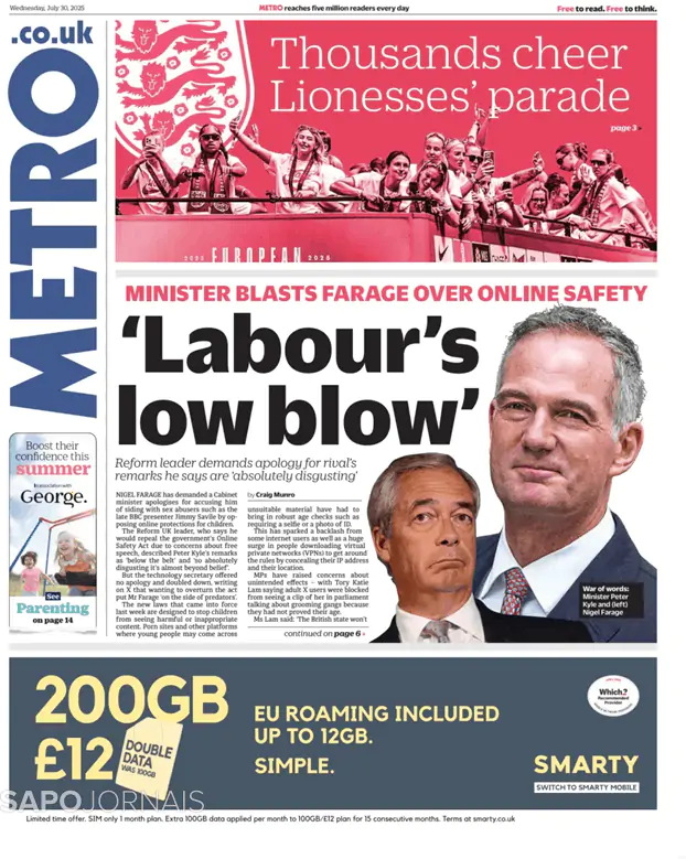 Capa jornal Metro London 2025-07-30