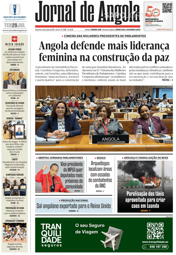 Capa jornal Jornal de Angola 2025-07-29