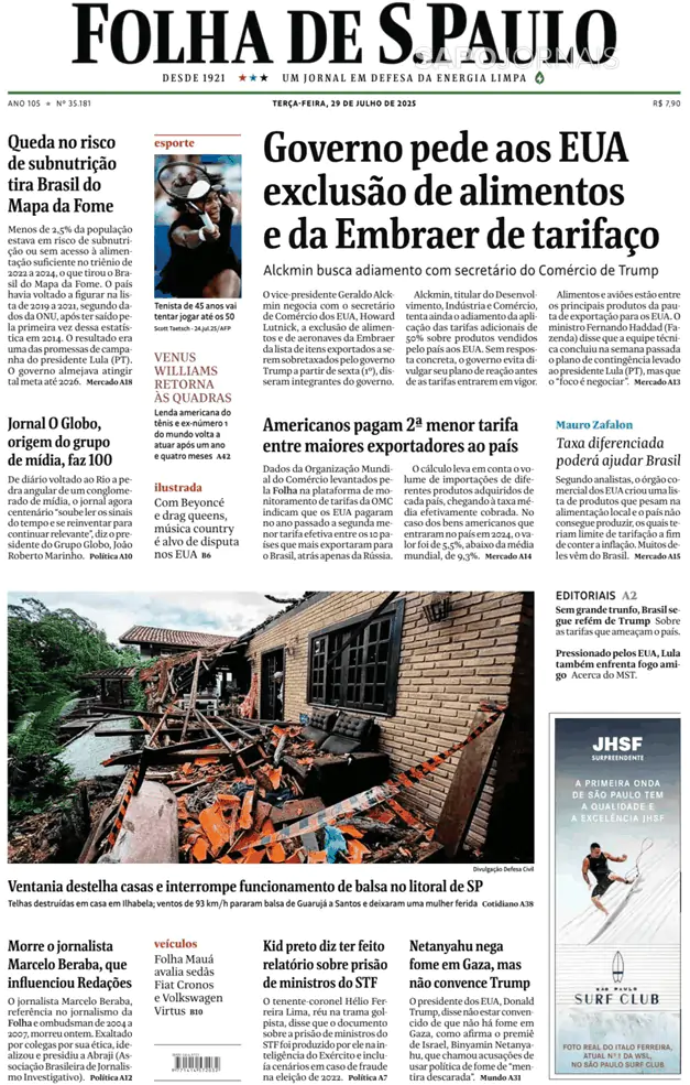 Capa jornal Folha de S. Paulo 2025-07-29
