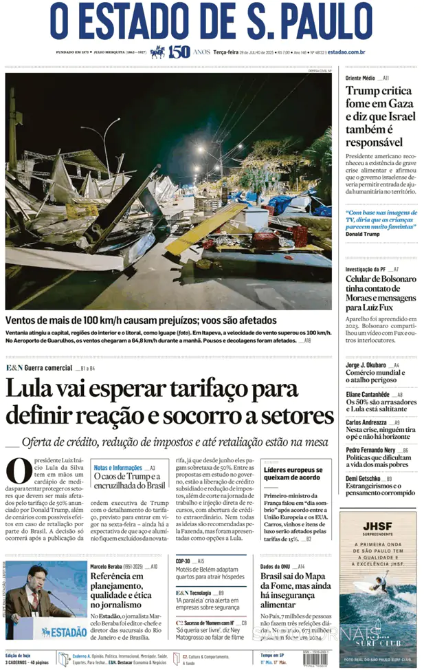 Capa jornal O Estado de S. Paulo 2025-07-29