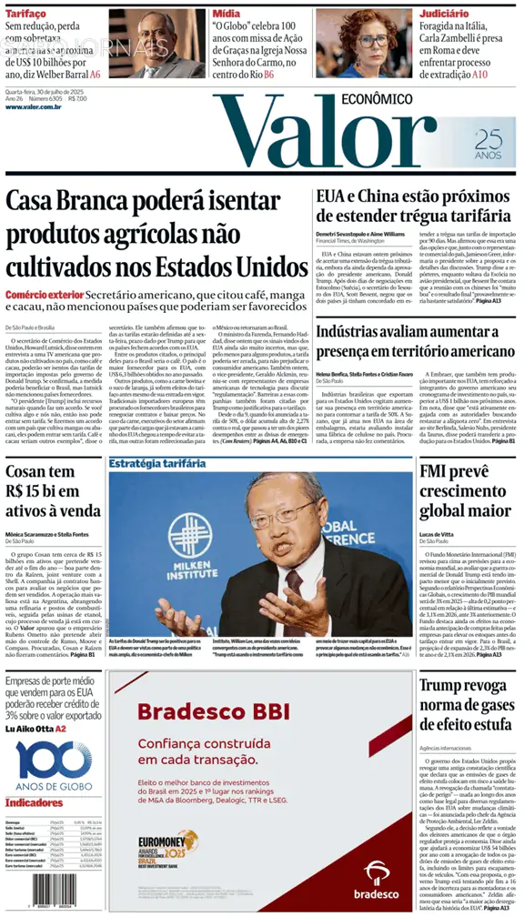 Capa jornal Valor Econômico 2025-07-30