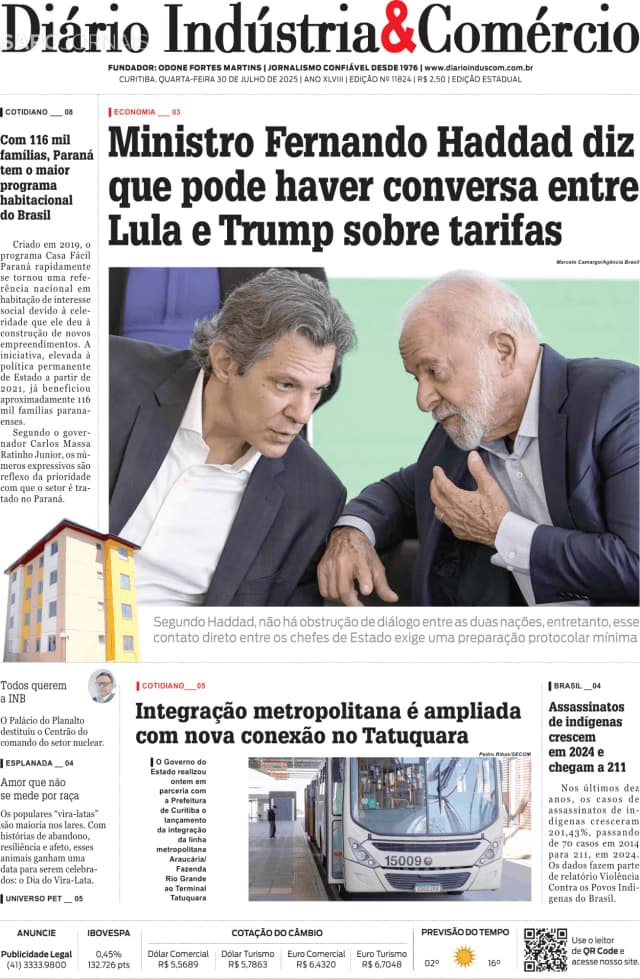 Capa jornal Diário Indústria & Comércio 2025-07-30