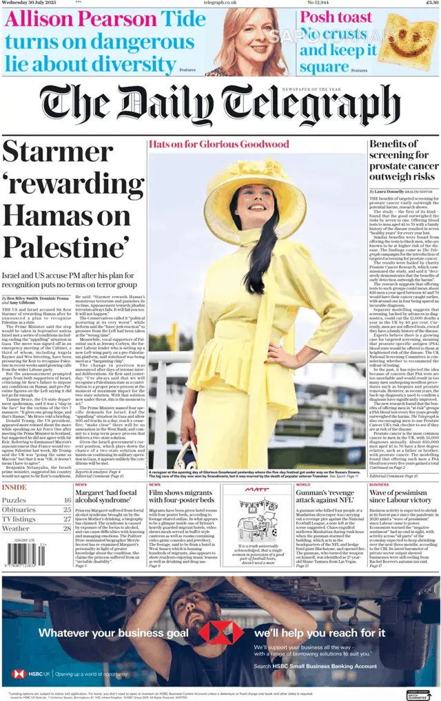 Capa jornal The Daily Telegraph 2025-07-30