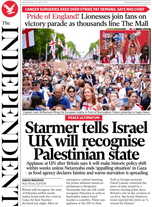 Capa jornal The Independent 2025-07-30