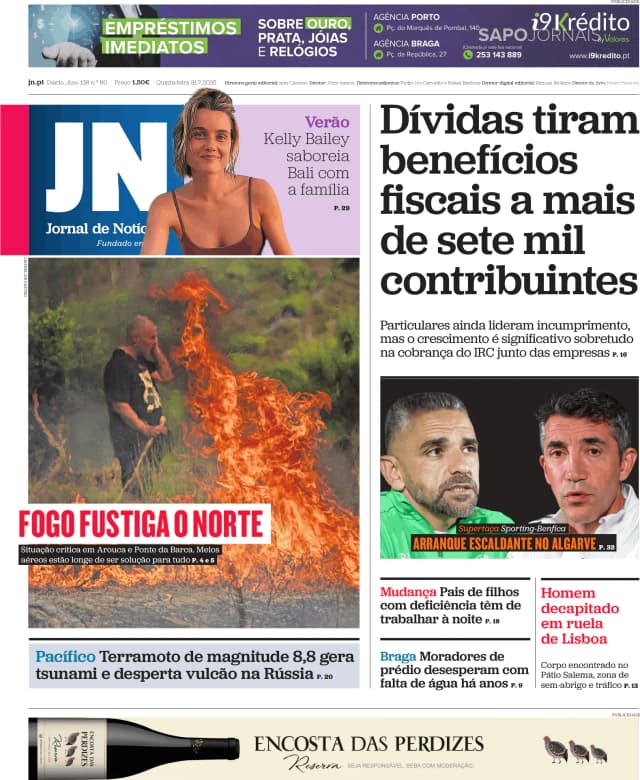 Capa jornal Jornal de Notícias 2025-07-31