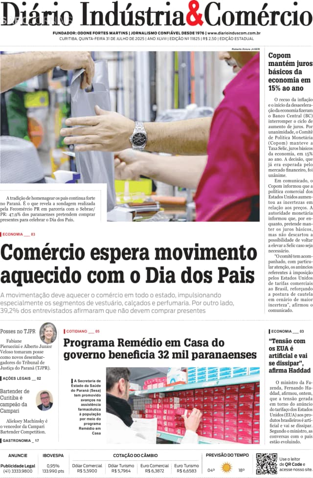 Capa jornal Diário Indústria & Comércio 2025-07-31