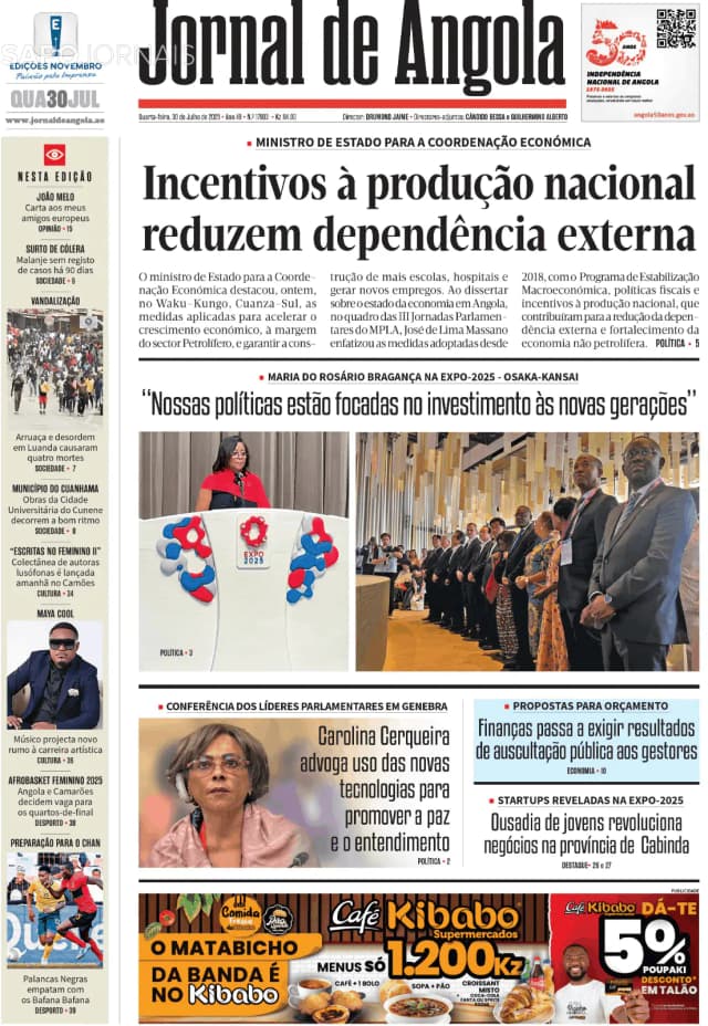 Capa jornal Jornal de Angola 2025-07-30