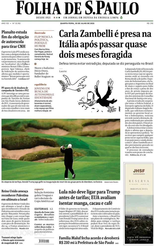 Capa jornal Folha de S. Paulo 2025-07-30