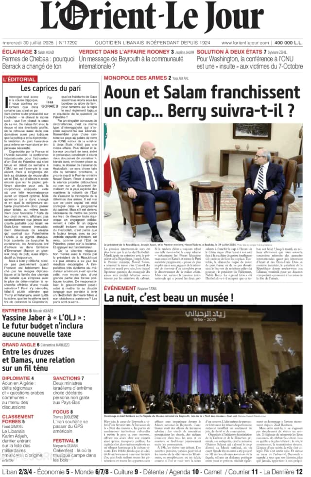 Capa jornal L'orient le jour 2025-07-30