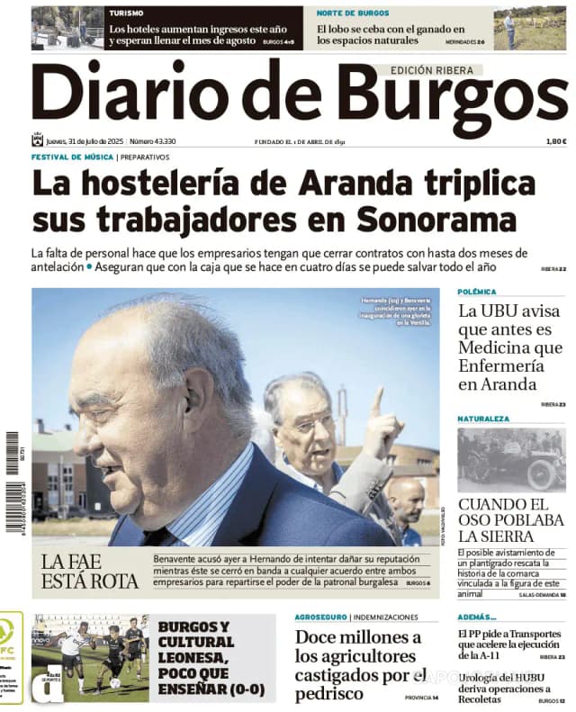 Capa jornal Diario de Burgos 2025-07-31