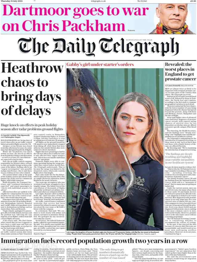Capa jornal The Daily Telegraph 2025-07-31