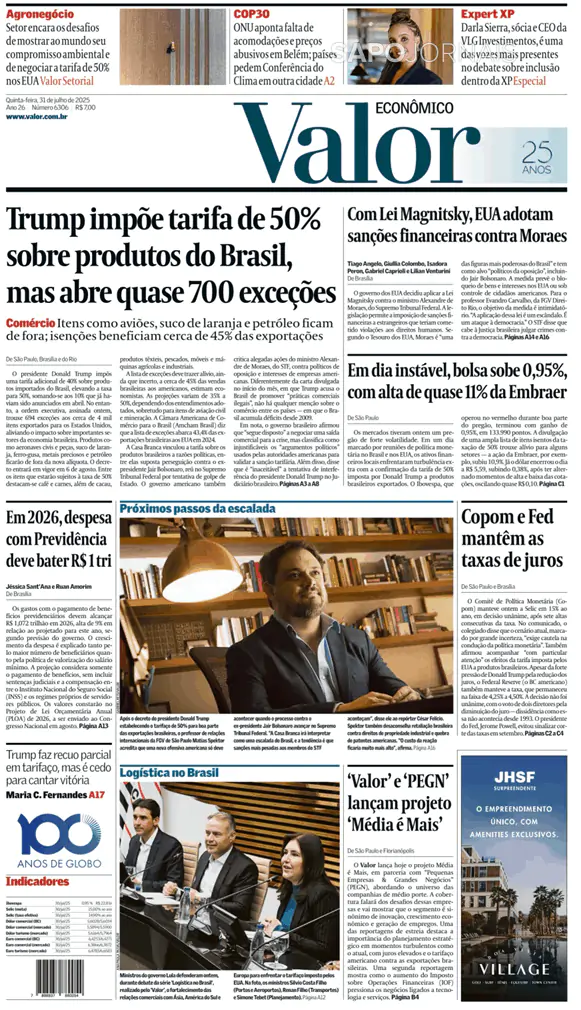 Capa jornal Valor Econômico 2025-07-31