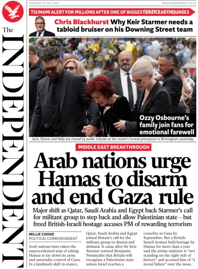 Capa jornal The Independent 2025-07-31