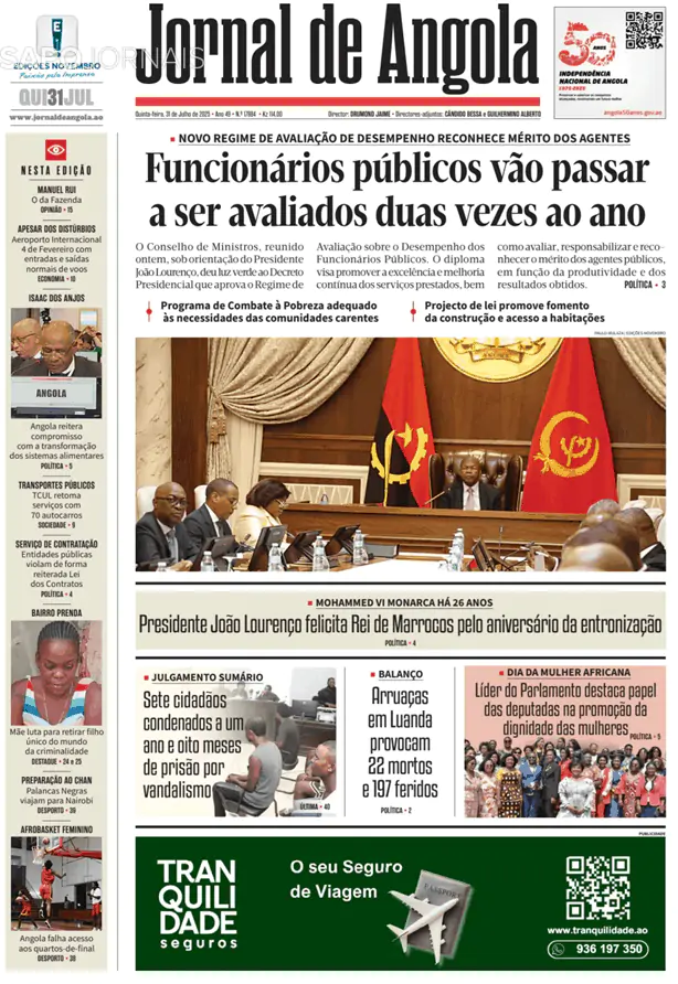 Capa jornal Jornal de Angola 2025-07-31