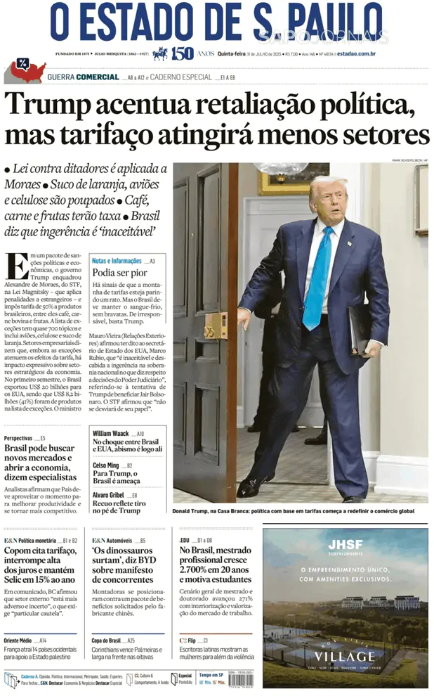 Capa jornal O Estado de S. Paulo 2025-07-31