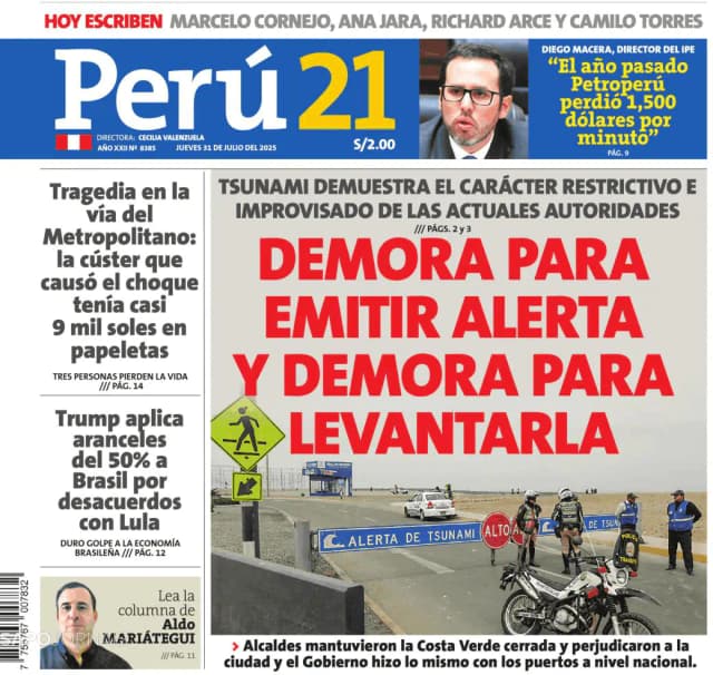 Capa jornal Perú 21 2025-07-31