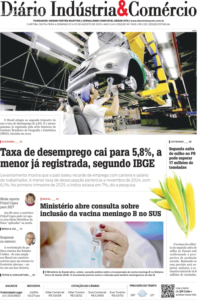 Capa jornal Diário Indústria & Comércio 2025-08-01