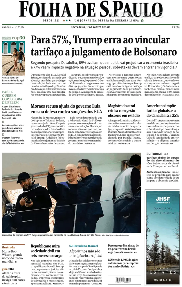 Capa jornal Folha de S. Paulo 2025-08-01