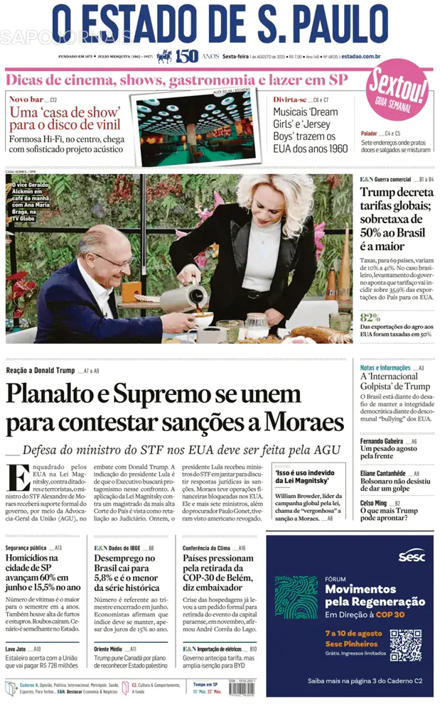 Capa jornal O Estado de S. Paulo 2025-08-01