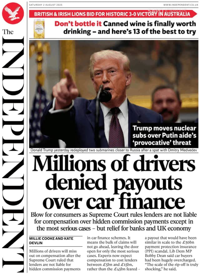 Capa jornal The Independent 2025-08-02