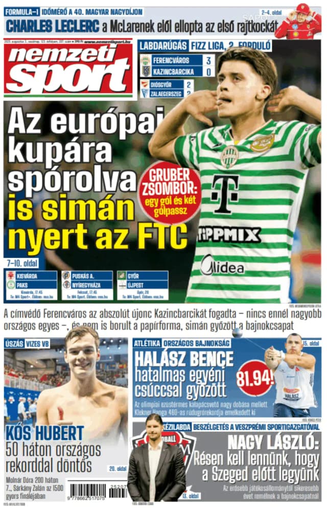 Capa jornal Nemzeti Sport 2025-08-03