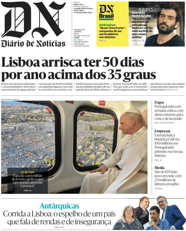 Capa jornal Diário de Notícias 2025-08-04