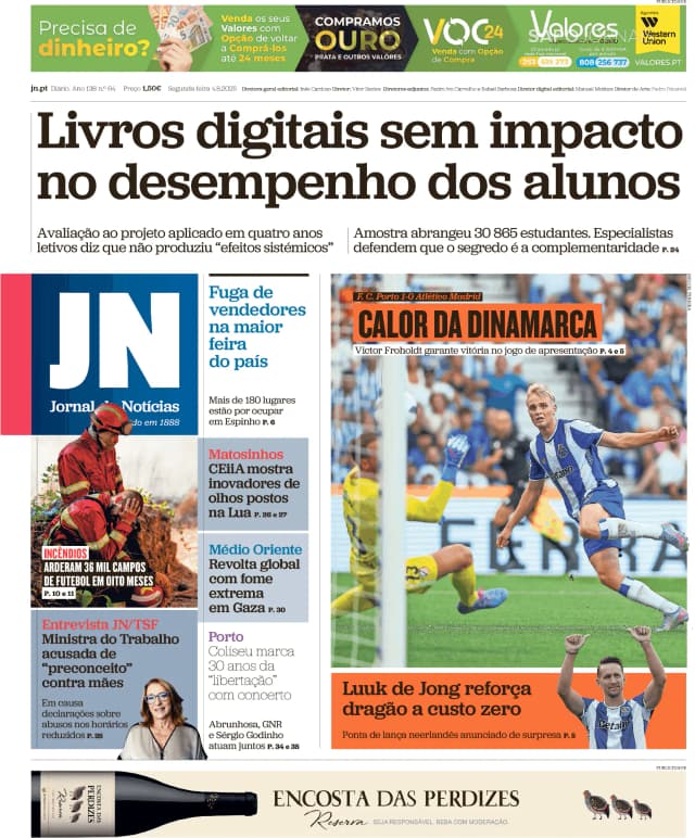 Capa jornal Jornal de Notícias 2025-08-04