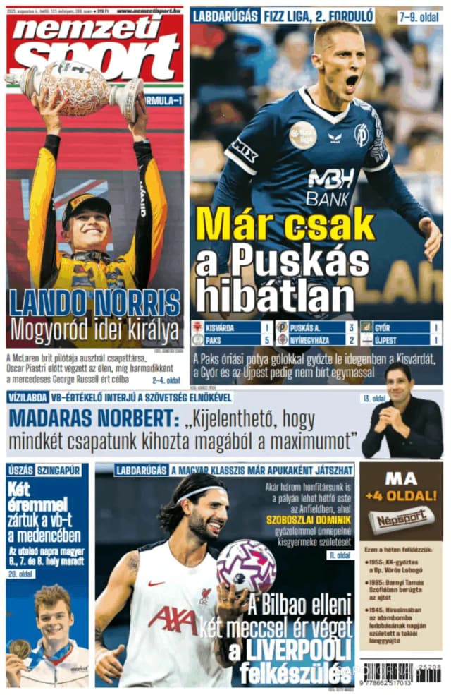 Capa jornal Nemzeti Sport 2025-08-04