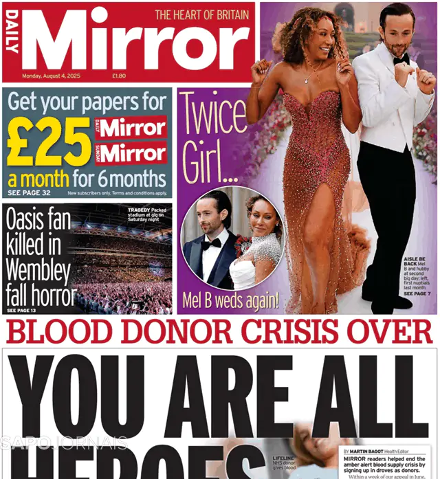 Capa jornal Daily Mirror 2025-08-04