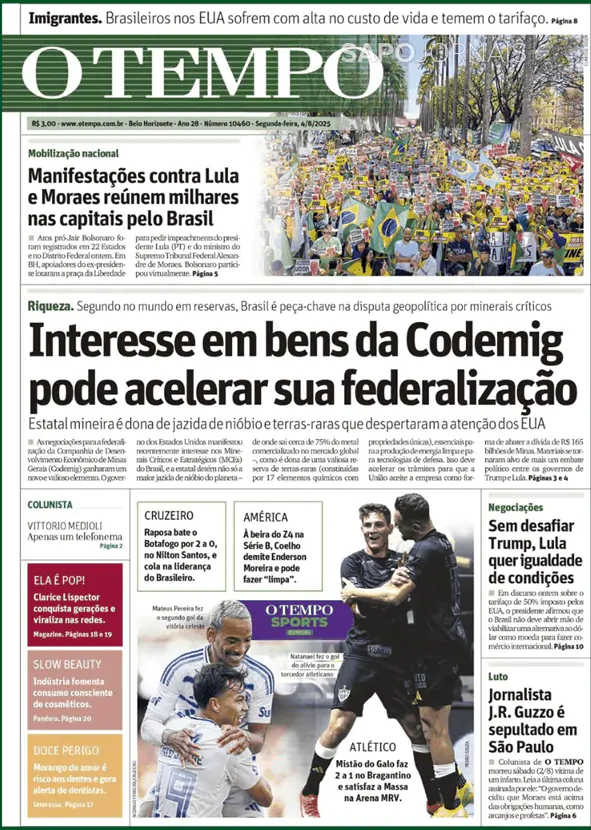 Capa jornal O Tempo 2025-08-04