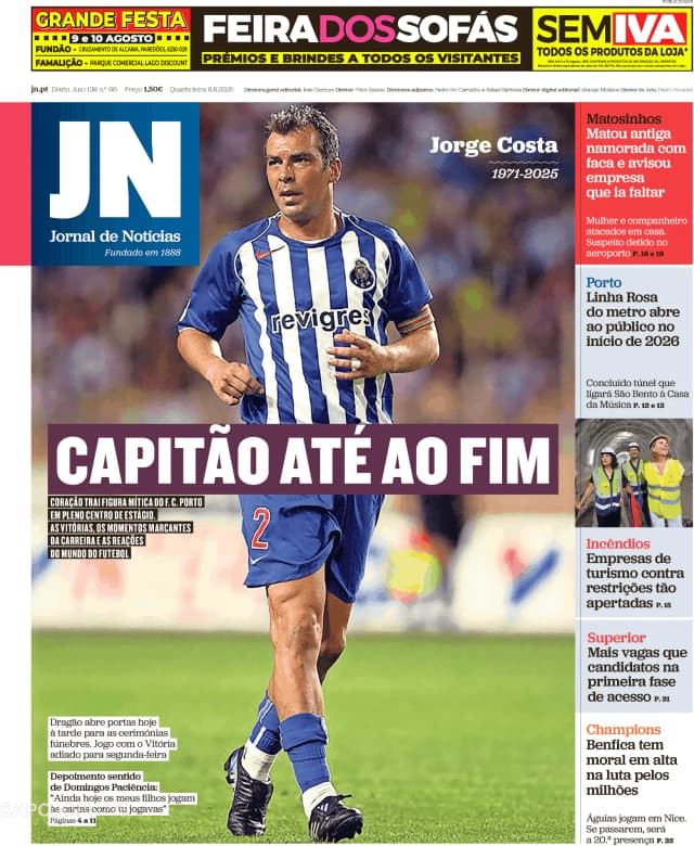 Capa jornal Jornal de Notícias 2025-08-06