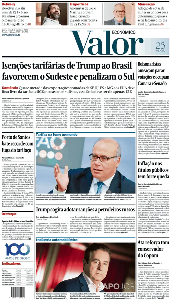 Capa jornal Valor Econômico 2025-08-06