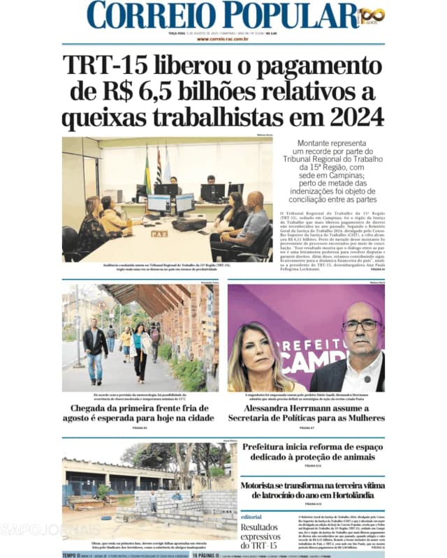 Capa jornal Correio Popular 2025-08-05