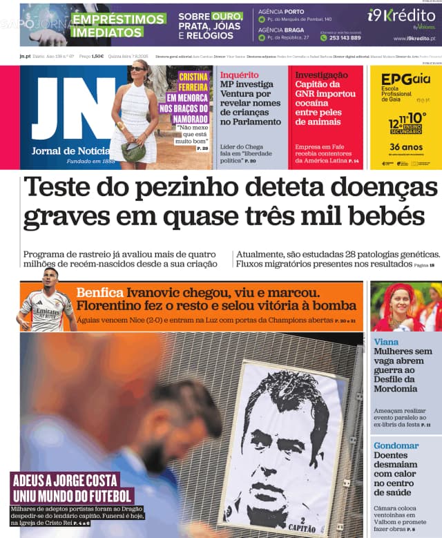 Capa jornal Jornal de Notícias 2025-08-07