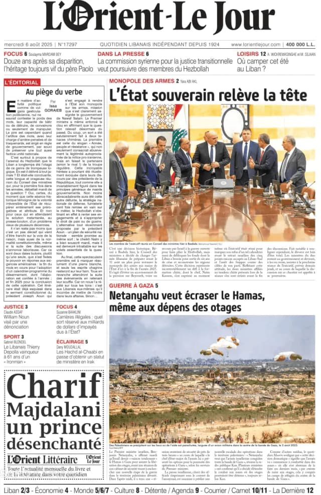 Capa jornal L'orient le jour 2025-08-06