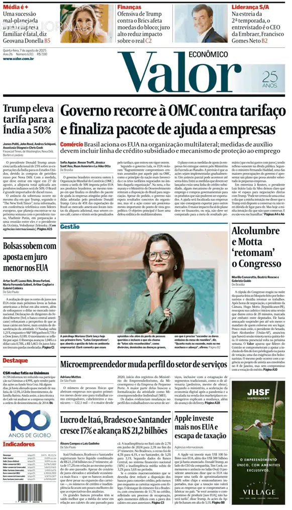 Capa jornal Valor Econômico 2025-08-07