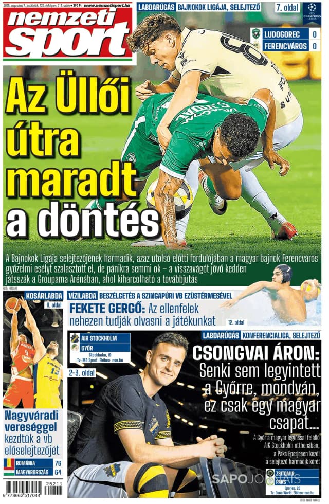 Capa jornal Nemzeti Sport 2025-08-07