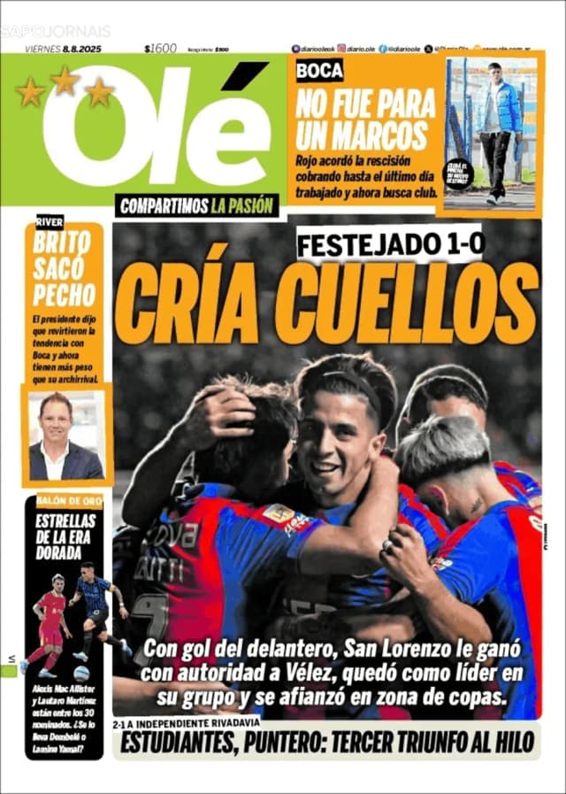 Capa jornal Olé 2025-08-08