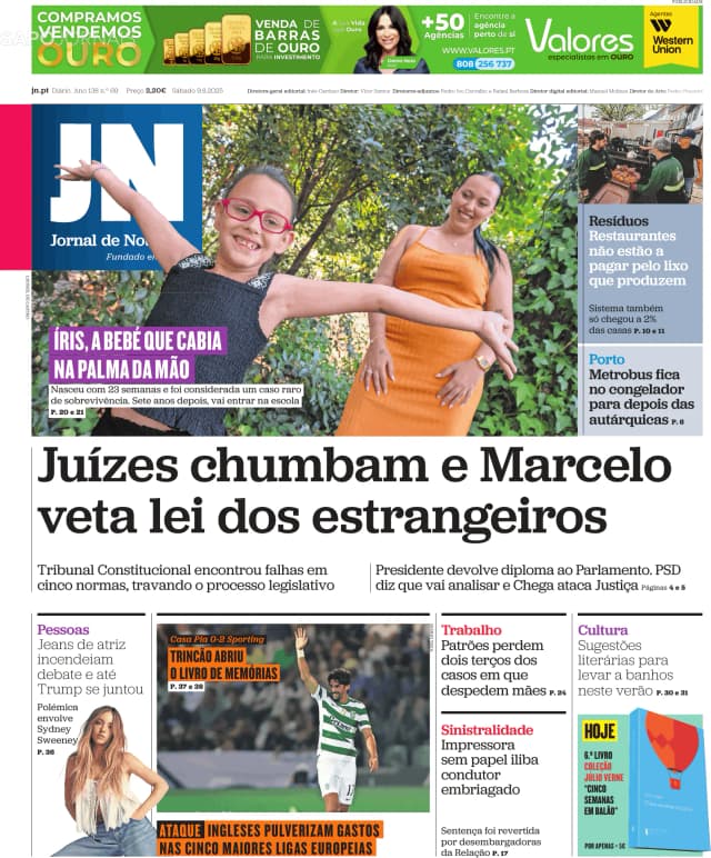 Capa jornal Jornal de Notícias 2025-08-09