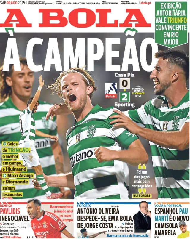 Capa jornal A Bola 2025-08-09