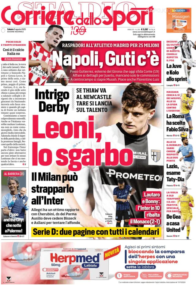 Capa jornal Corriere dello Sport 2025-08-09