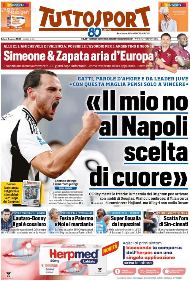 Capa jornal Tuttosport 2025-08-09