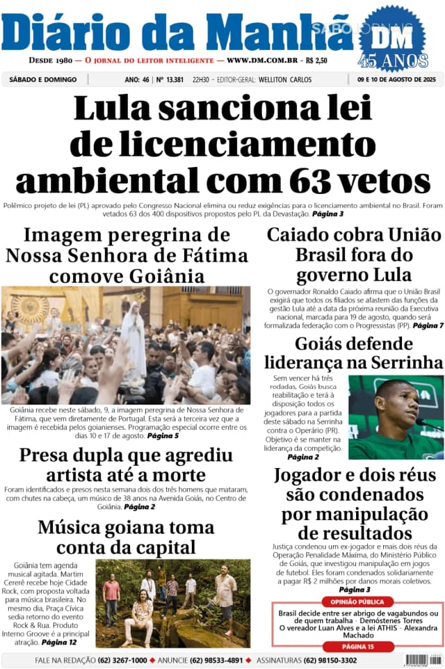 Capa jornal Diário da Manhã 2025-08-09