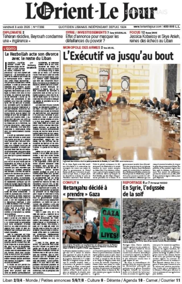 Capa jornal L'orient le jour 2025-08-08