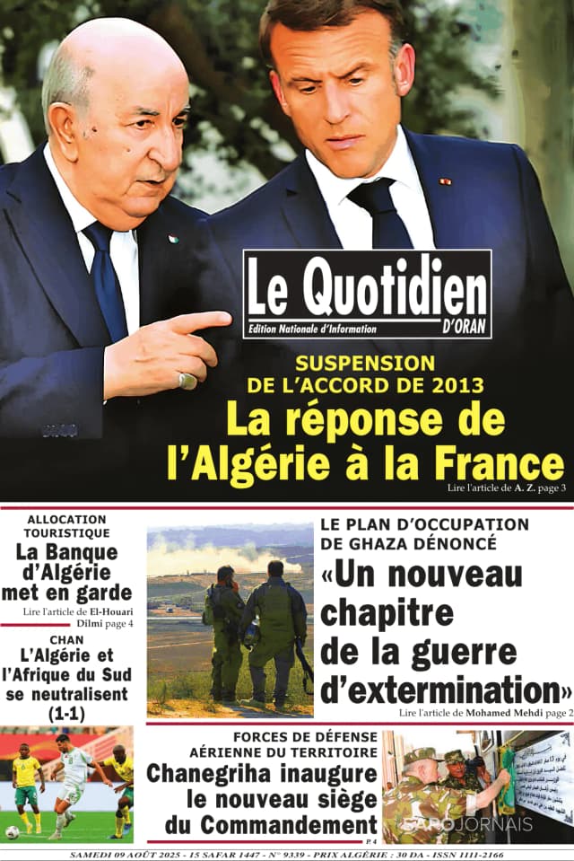 Capa jornal Le Quotidien D’Oran 2025-08-09