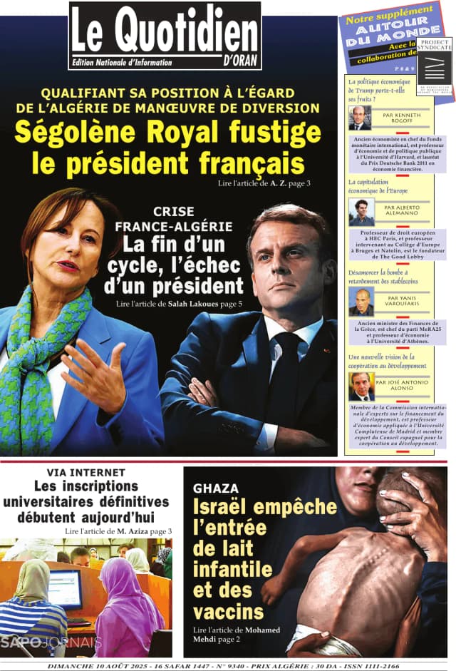 Capa jornal Le Quotidien D’Oran 2025-08-10